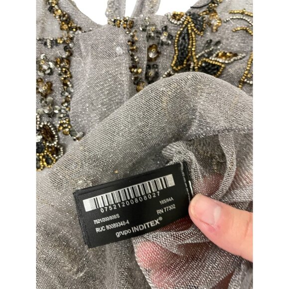 Zara Women Bodysuit Small S Gray Beaded Floral Embellished sheer 7521/200 NWOT - Picture 5 of 12